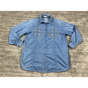 Perfect Collection Top Womens Large Blue Longsleeve Embroidered Beaded Casual‎